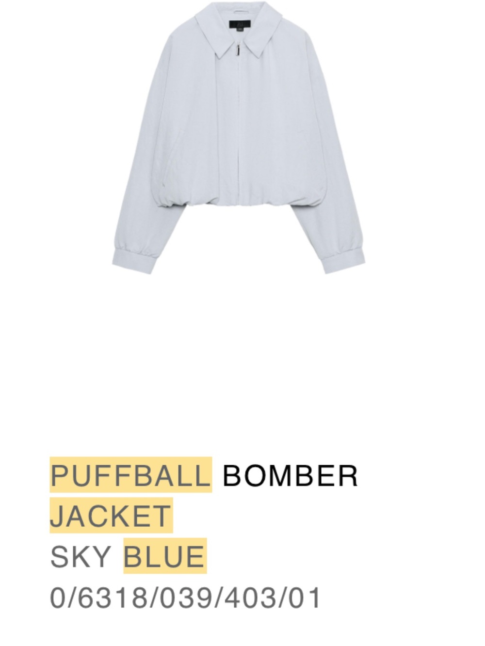 Puffball Zara Bomber Jacket - Sky Blue XS